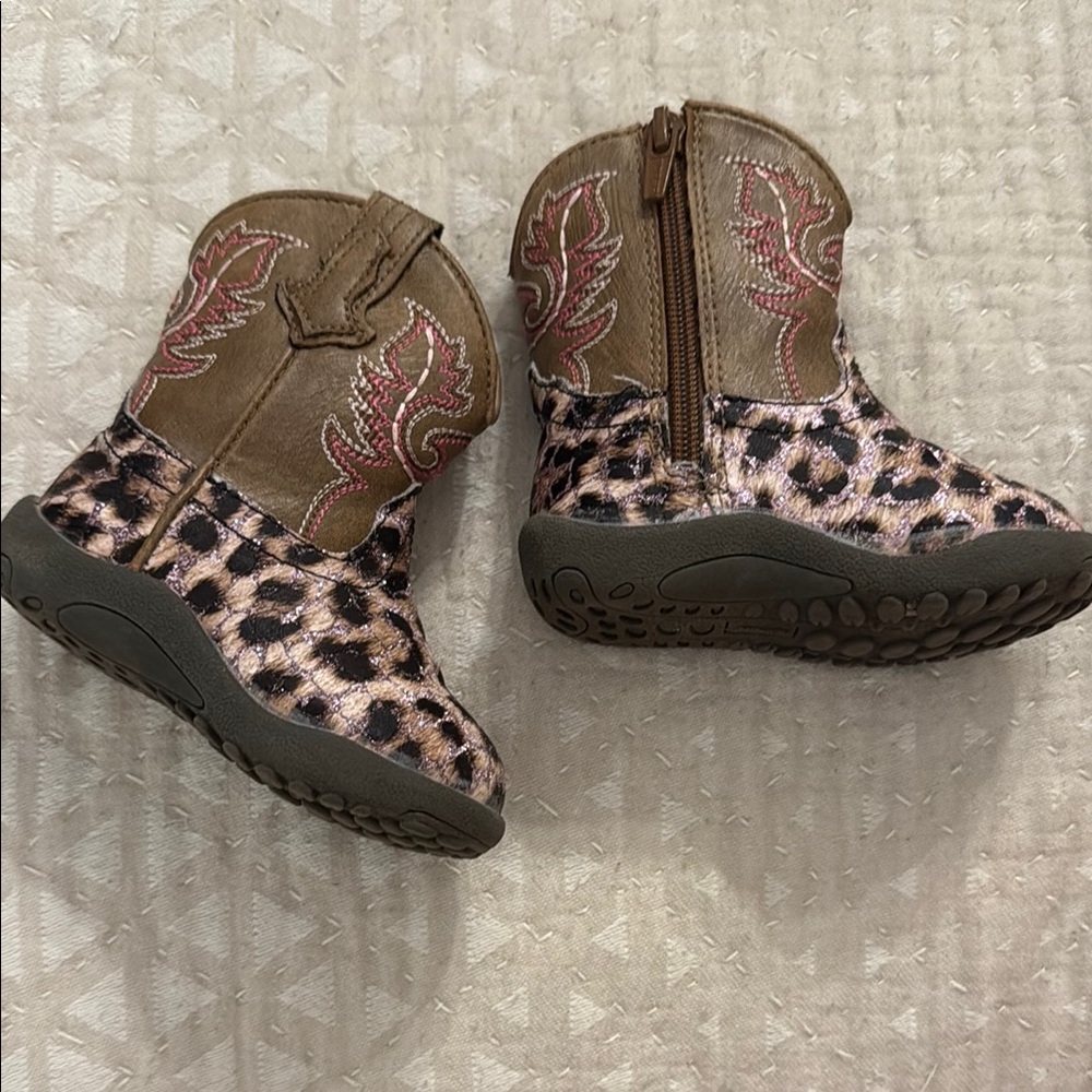 Roper Leopard Print Baby Boots with Pink Embroidery